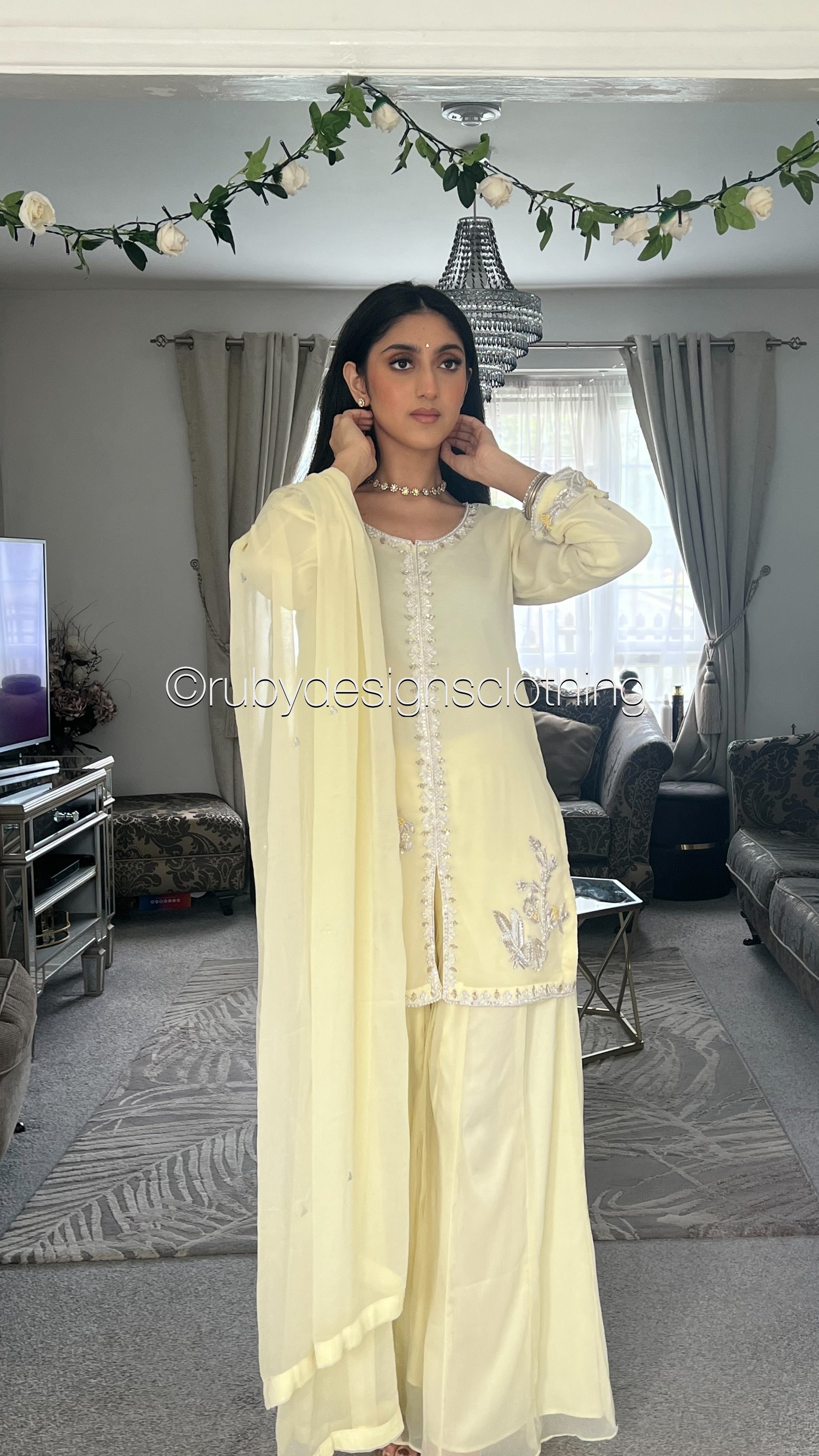 AROOSA Lemon - 3 Piece Chiffon Sharara with Handwork (8646795821269)