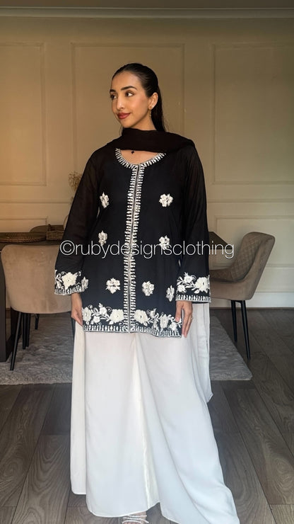 RAYA Noir  - 3 Piece Swiss Lawn Suit with Flowy Wide-Leg Pants