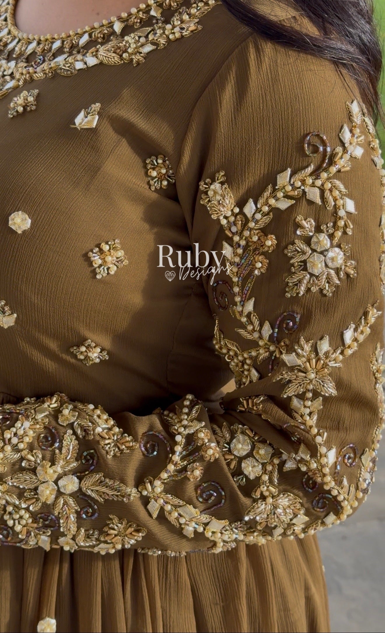 NAYRA Style 1 (Dress) - 3 Piece Khaki Chiffon Dress with Kiran Lace Dupatta and Churidaar Trousers