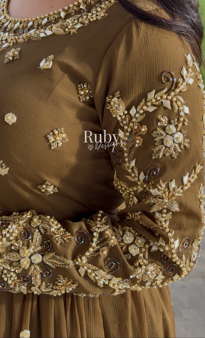 NAYRA Style 1 (Dress) - 3 Piece Khaki Chiffon Dress with Kiran Lace Dupatta and Churidaar Trousers