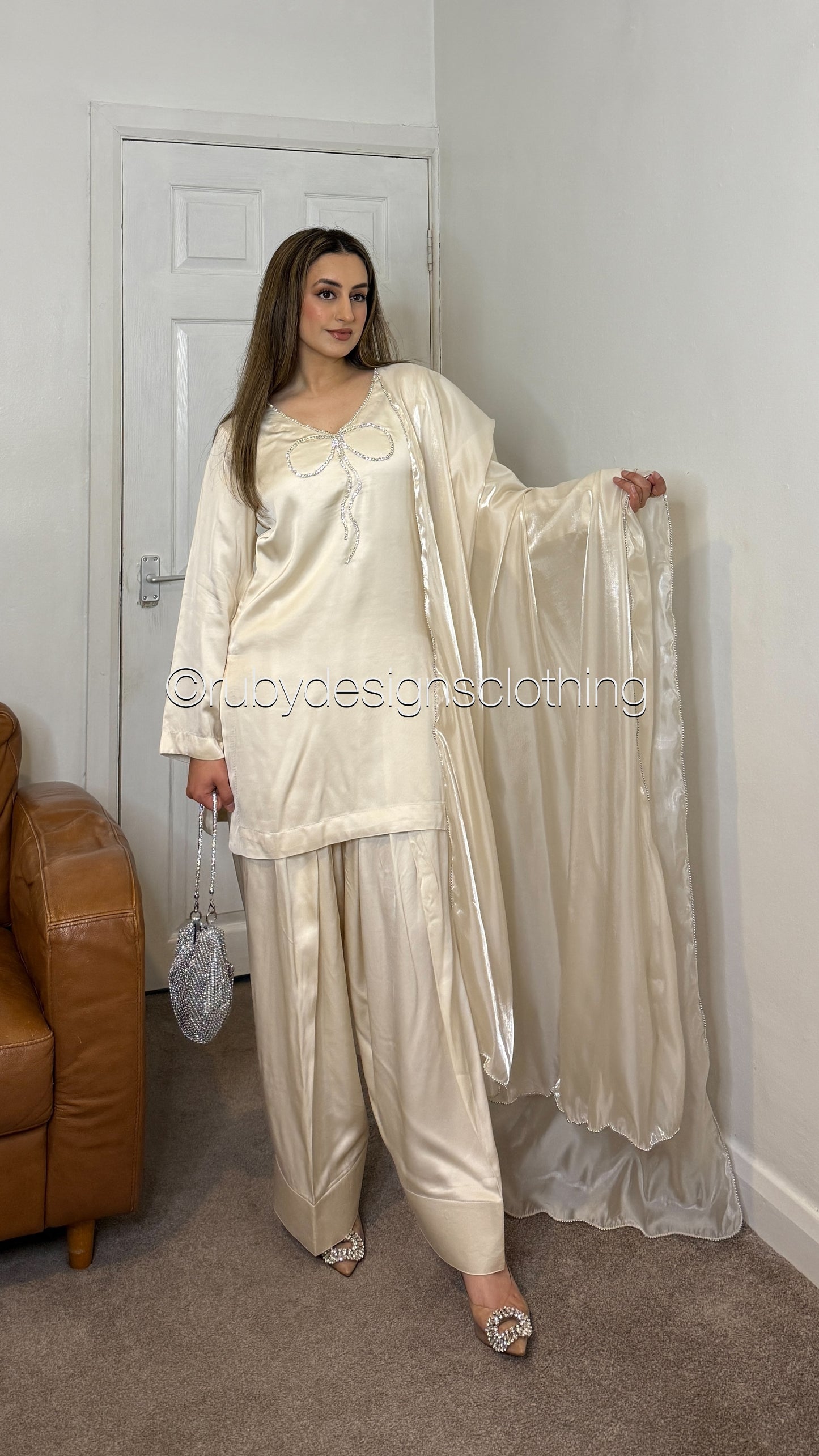 ZARA Pearl - 3 Piece Silk Suit with Farshi Shalwar and Bow Detail