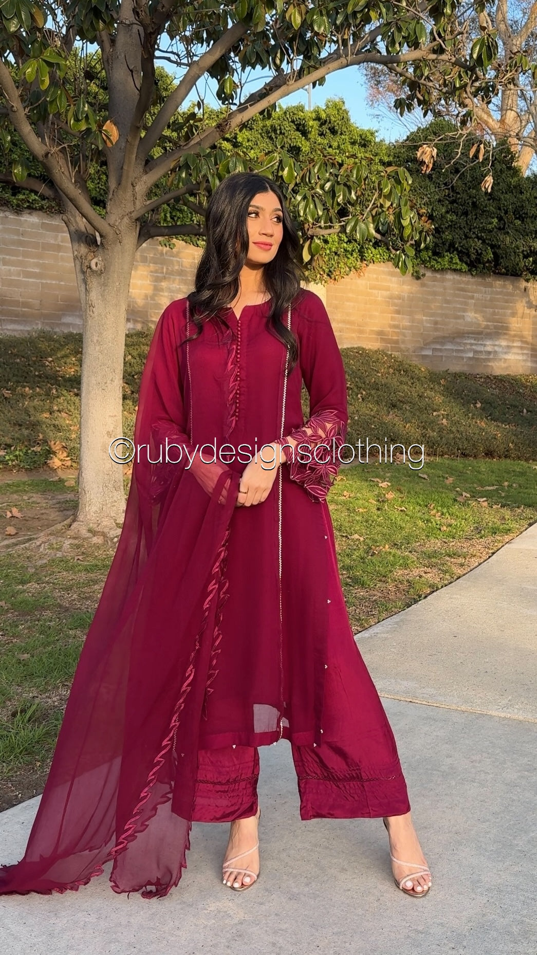 NAILA Berry - 3 Piece Chiffon Suit with Cutwork Detail