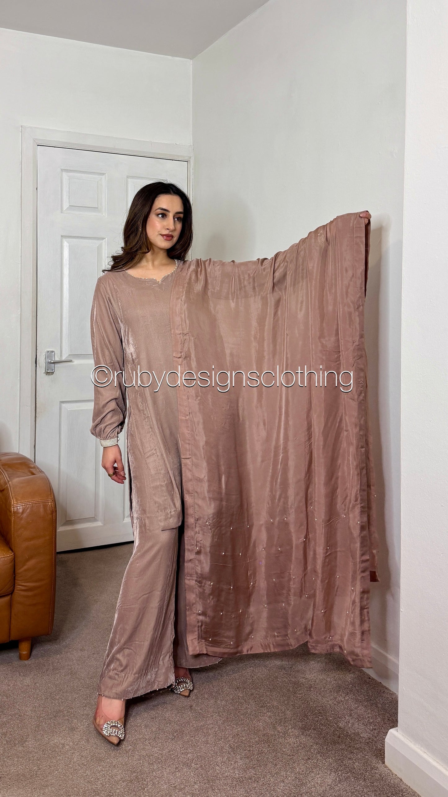 ALIA - 3 Piece Nude Luxury Velvet Suit with Pearls