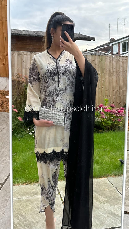 MINHA - 3 Piece Cream and Black Lawn Suit with Chiffon Dupatta (8746812932309)