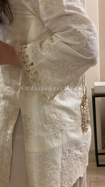 Vanilla Mist - 3 Piece Chikankari Suit with Farshi Shalwar