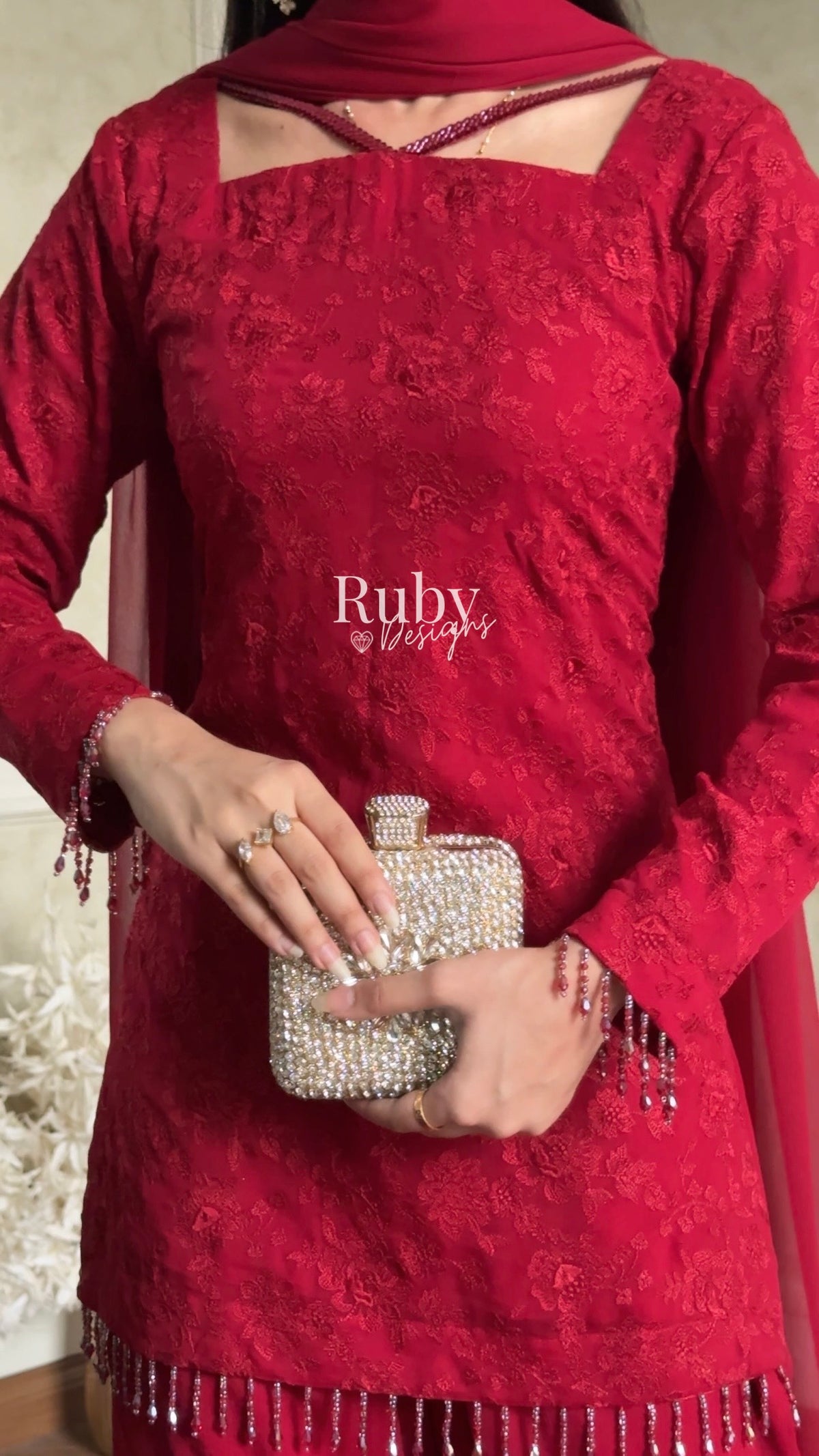 FARYAL Rouge - 3 Piece Chiffon Suit with Tiered Sharara