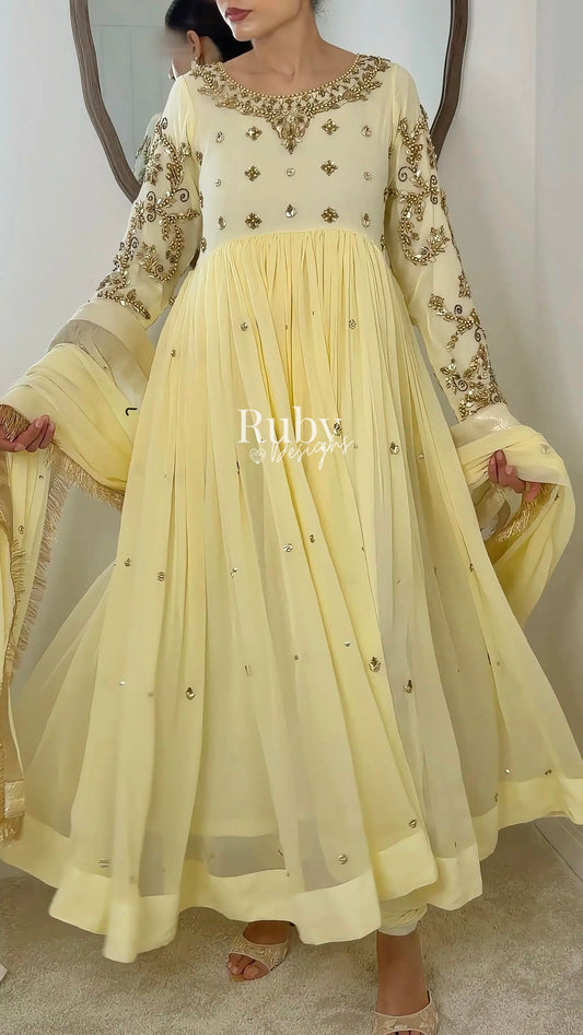 NAYRA Butter Silhouette 1 - 3 Piece Chiffon Dress with Kiran Lace Dupatta and Churidaar Trousers