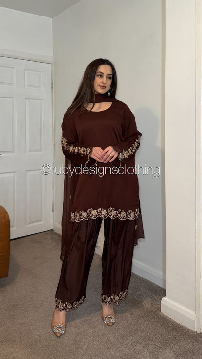 SAMAN Cocoa - 3 Piece Chiffon Suit with Embroidered Detailing