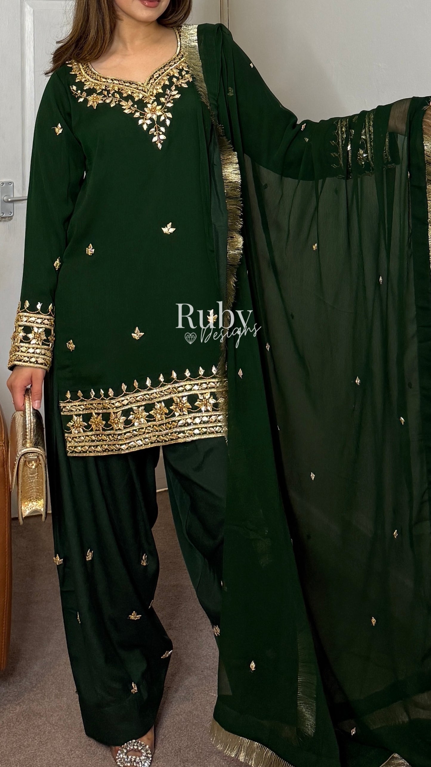SAJAL Emerald - 3 Piece Chiffon Suit with Farshi Shalwar and Gota Handwork