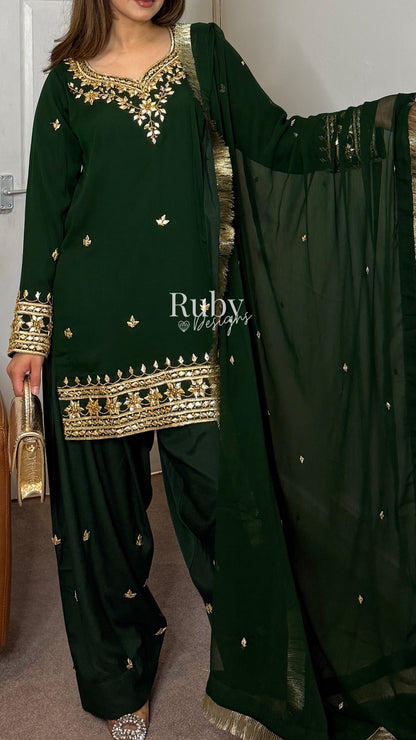 SAJAL Emerald - 3 Piece Chiffon Suit with Farshi Shalwar and Gota Handwork