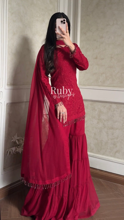 FARYAL Rouge - 3 Piece Chiffon Suit with Tiered Sharara