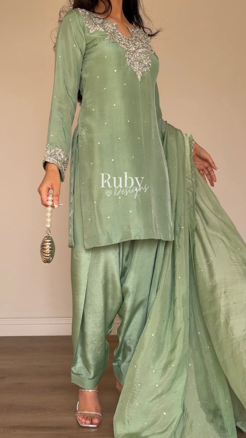 MARWA - 3 Piece Sage Green Silk Suit with Shalwar