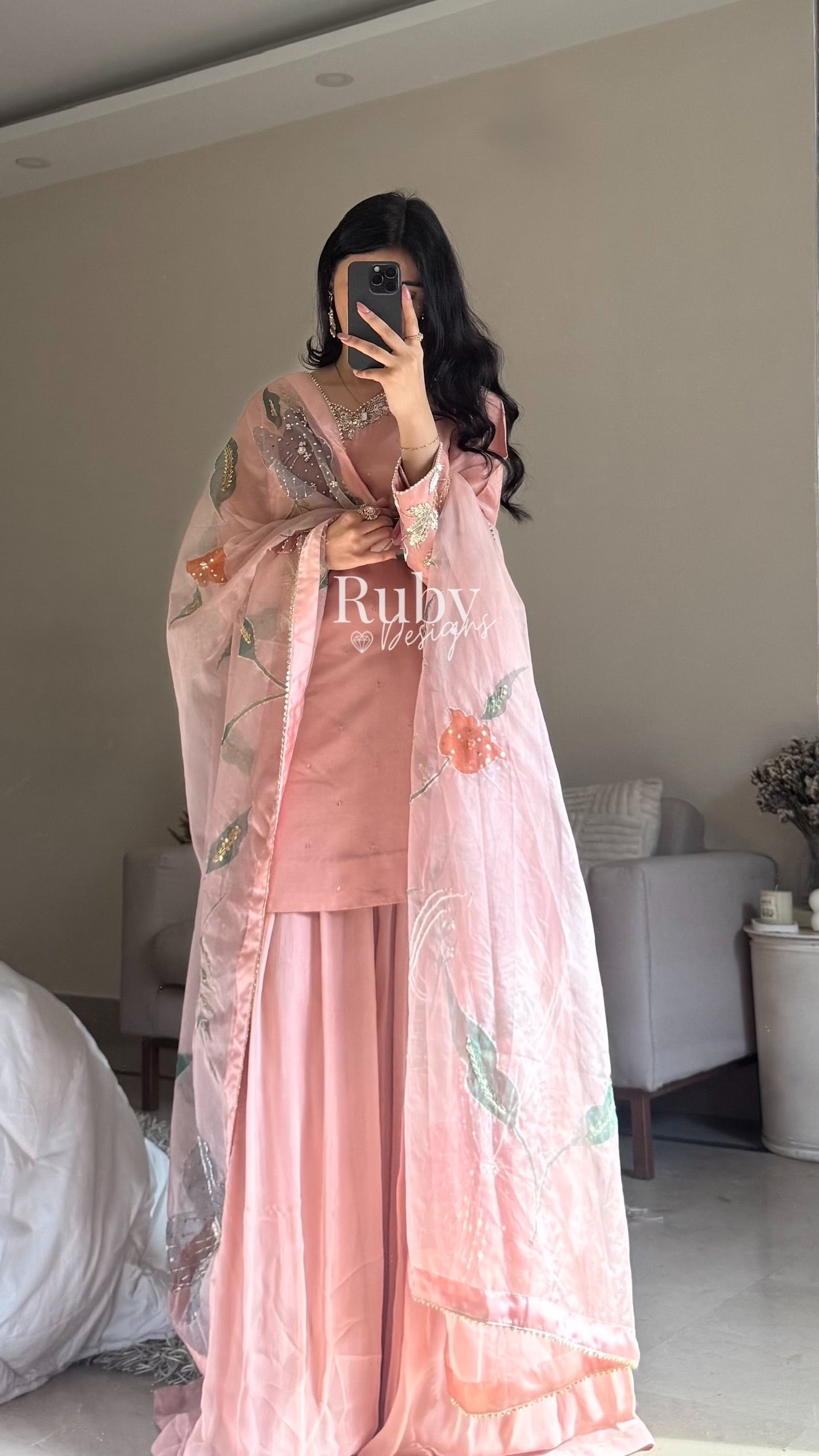 ZAIRA Rose - 3 Piece Chiffon Sharara Suit with Hand Painted Dupatta