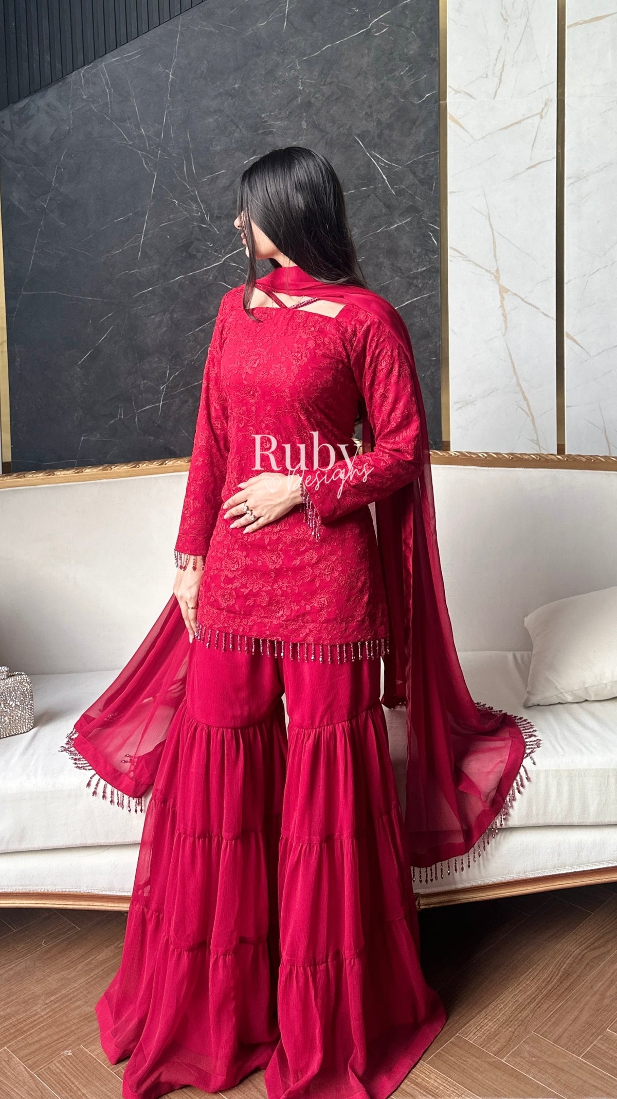 FARYAL Rouge - 3 Piece Chiffon Suit with Tiered Sharara
