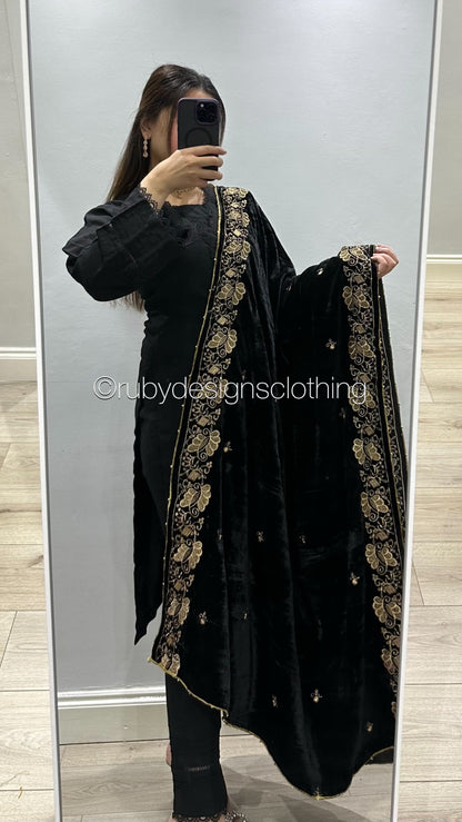 Black Velvet Shawl with Gold Embroidery (8746838753493)