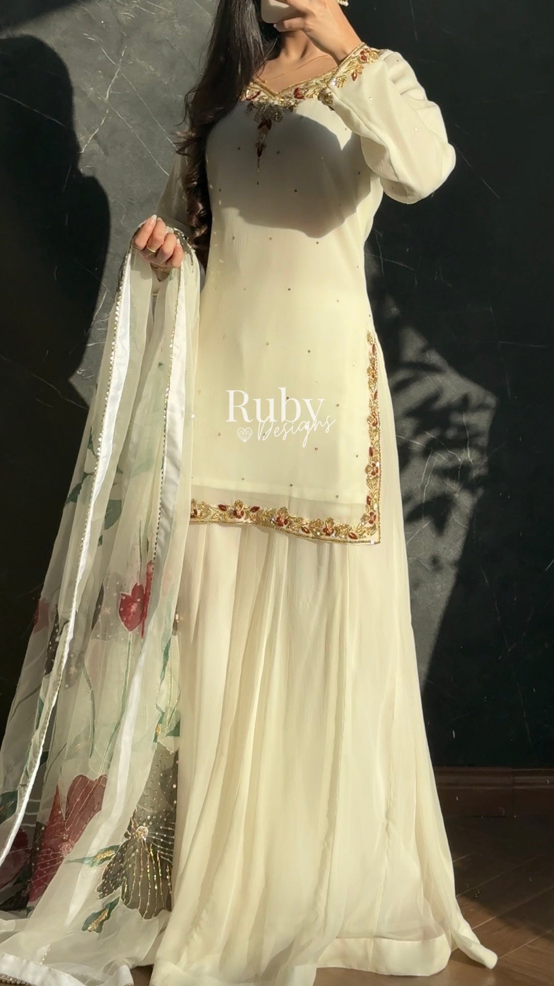 ZAIRA Ivory - 3 Piece Chiffon Sharara Suit with Hand Painted Dupatta