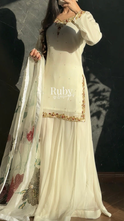 ZAIRA Ivory - 3 Piece Chiffon Sharara Suit with Hand Painted Dupatta