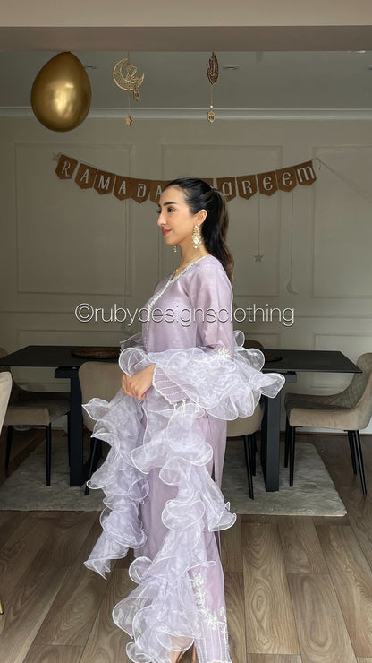 MIRAY Lilac - 3 Piece Luxury Korean Raw Silk Suit with Ruffle Dupatta