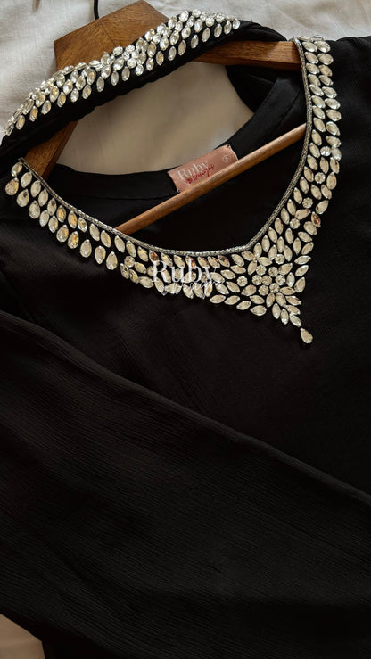 EISHA - 3 Piece Black Chiffon Suit with Premium Crystal Handwork
