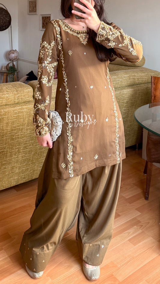 NAYRA Style 3 (Short Shirt) - 3 Piece Khaki Chiffon Suit with Shalwar