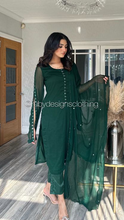 KAYRA Emerald - 3 Piece Emerald Chiffon Suit with Split Sleeve