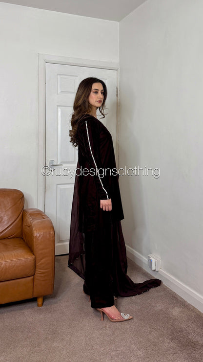 ADILA - 3 Piece Deep Brown Luxury Velvet Suit with Pearls