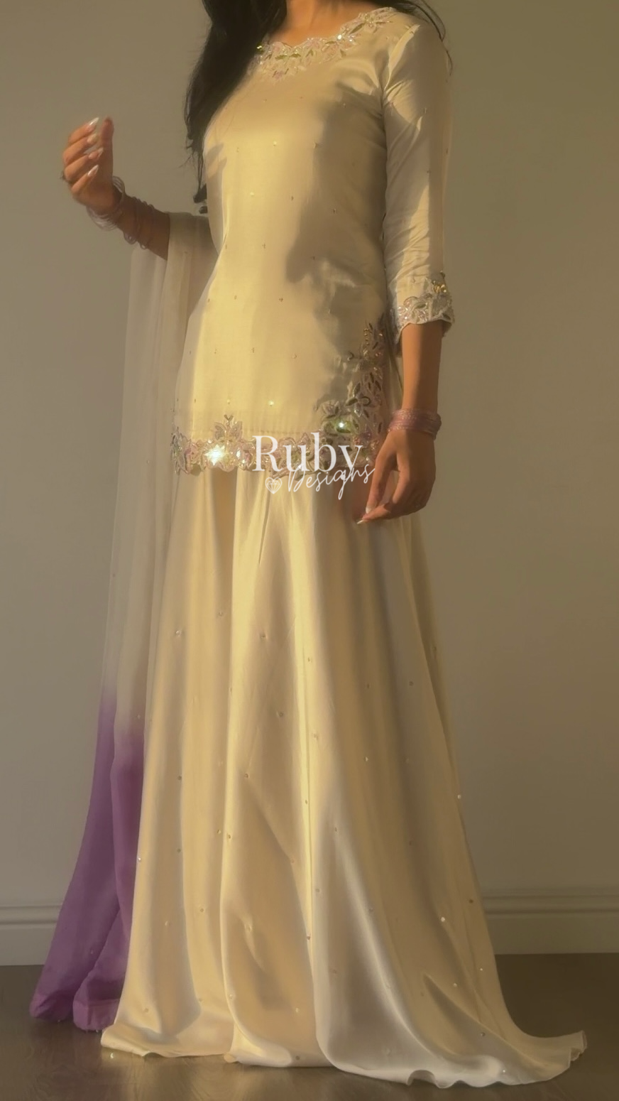 AMEERA - 3 Piece Off-White Silk Suit with Ombrè Dupatta
