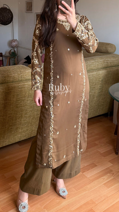 NAYRA Style 2 (Long Shirt) - 3 Piece Khaki Chiffon Suit with Trouser