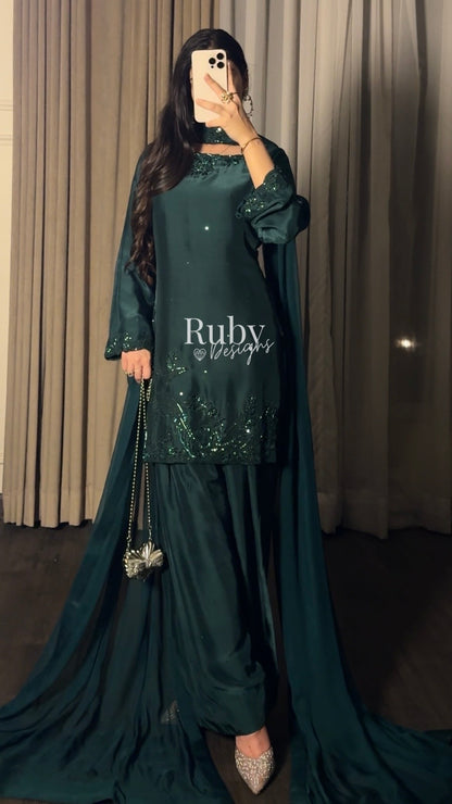 LARA Emerald - 3 Piece Luxury Silk Suit with Cutdana Handwork
