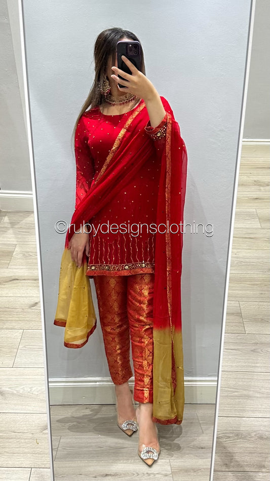 EXCLUSIVE SAMPLE - 3 Piece Red Chiffon Suit with Jamawar Trousers (8746850123989)