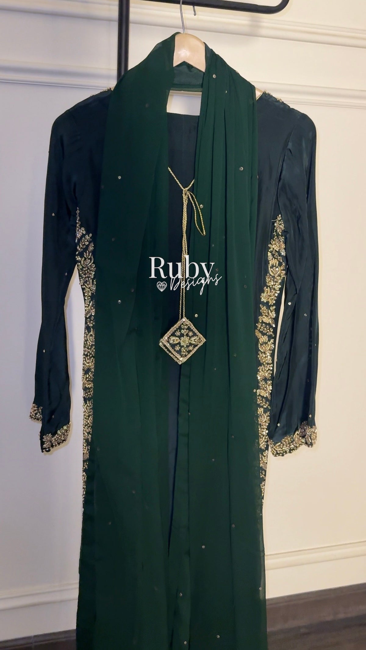 ZAINA Emerald - 3 Piece Silk Suit with Gold Handwork
