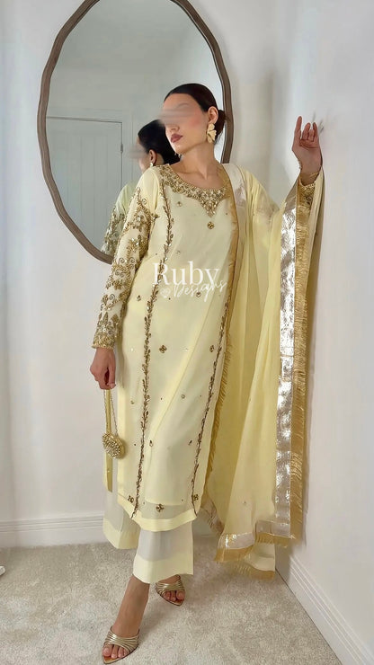 NAYRA Butter Silhouette 2 (Long Shirt) - 3 Piece Chiffon Suit with Trouser
