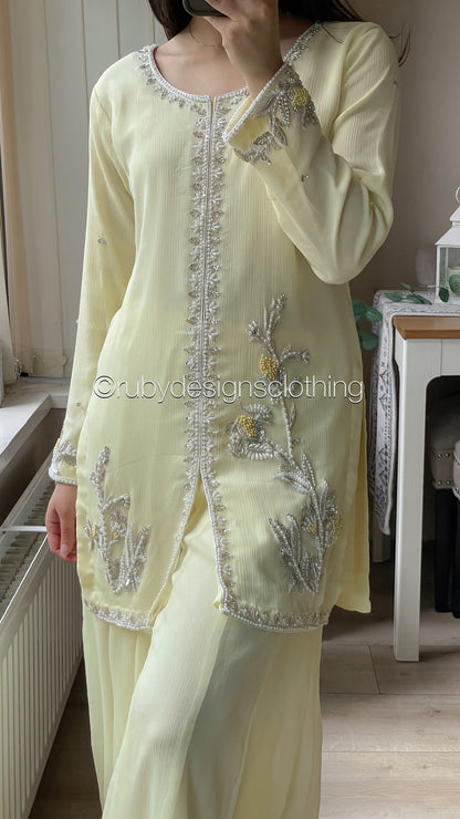 AROOSA Lemon - 3 Piece Chiffon Sharara with Handwork (8646795821269)