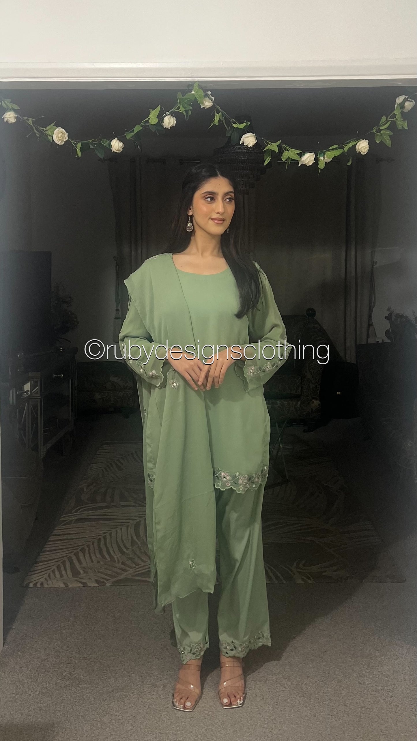 SAMAN Sage - 3 Piece Chiffon Suit with Embroidered Detailing