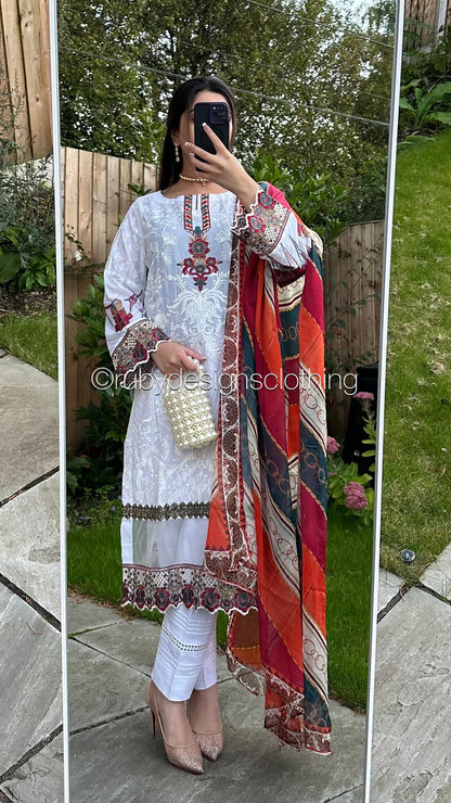 EXCLUSIVE SAMPLE - 3 Piece White Lawn Suit with Chiffon Dupatta (8746816635093)