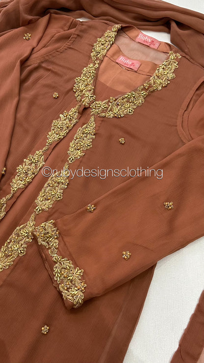 SORAYA - 4 Piece Chiffon Suit with Jacket and Gold Handwork