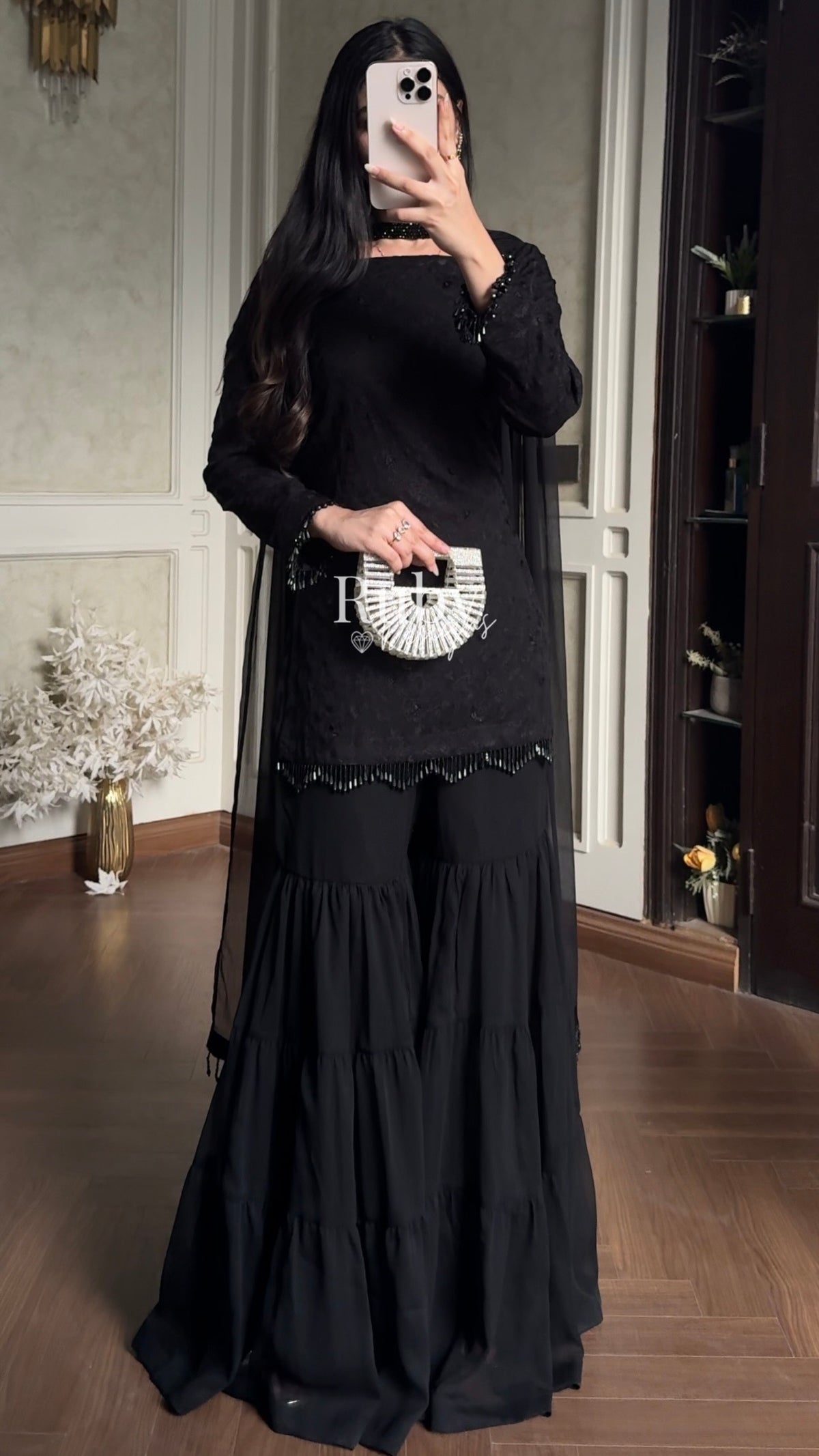 FARYAL Noir - 3 Piece Chiffon Suit with Tiered Sharara