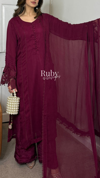 MINHA Berry - 3 Piece Chiffon Suit with Cutwork