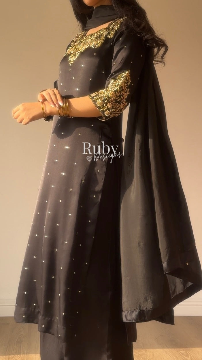 HANIA Noir - 3 Piece Silk Suit with Straight Trouser
