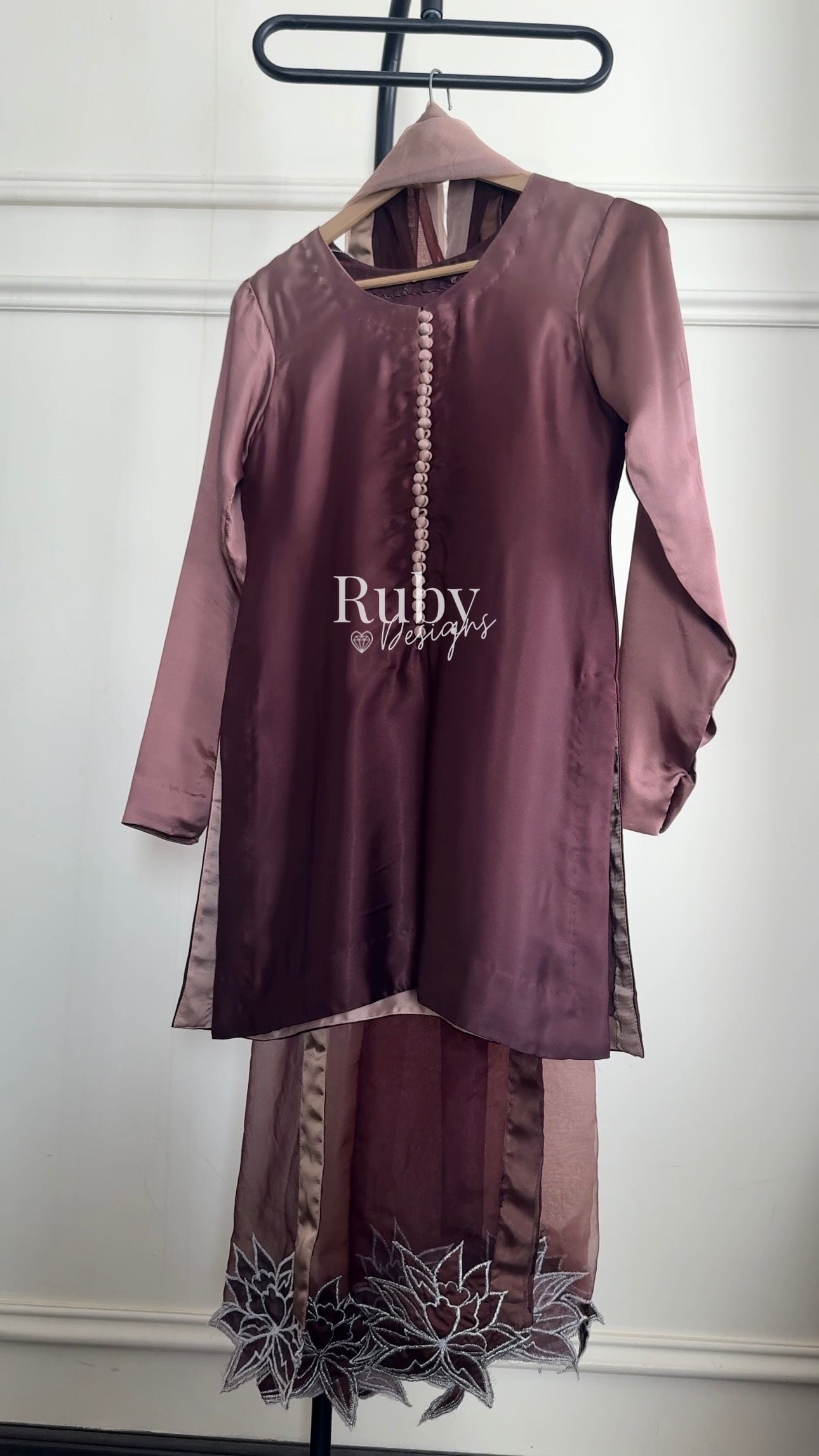 FIHA Mocha - 3 Piece Ombrè Silk Suit with Flowy Wide Pants