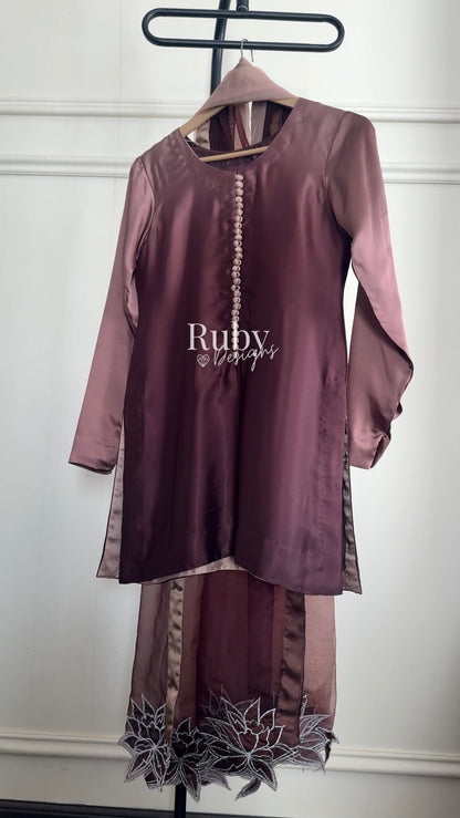 FIHA Mocha - 3 Piece Ombrè Silk Suit with Flowy Wide Pants