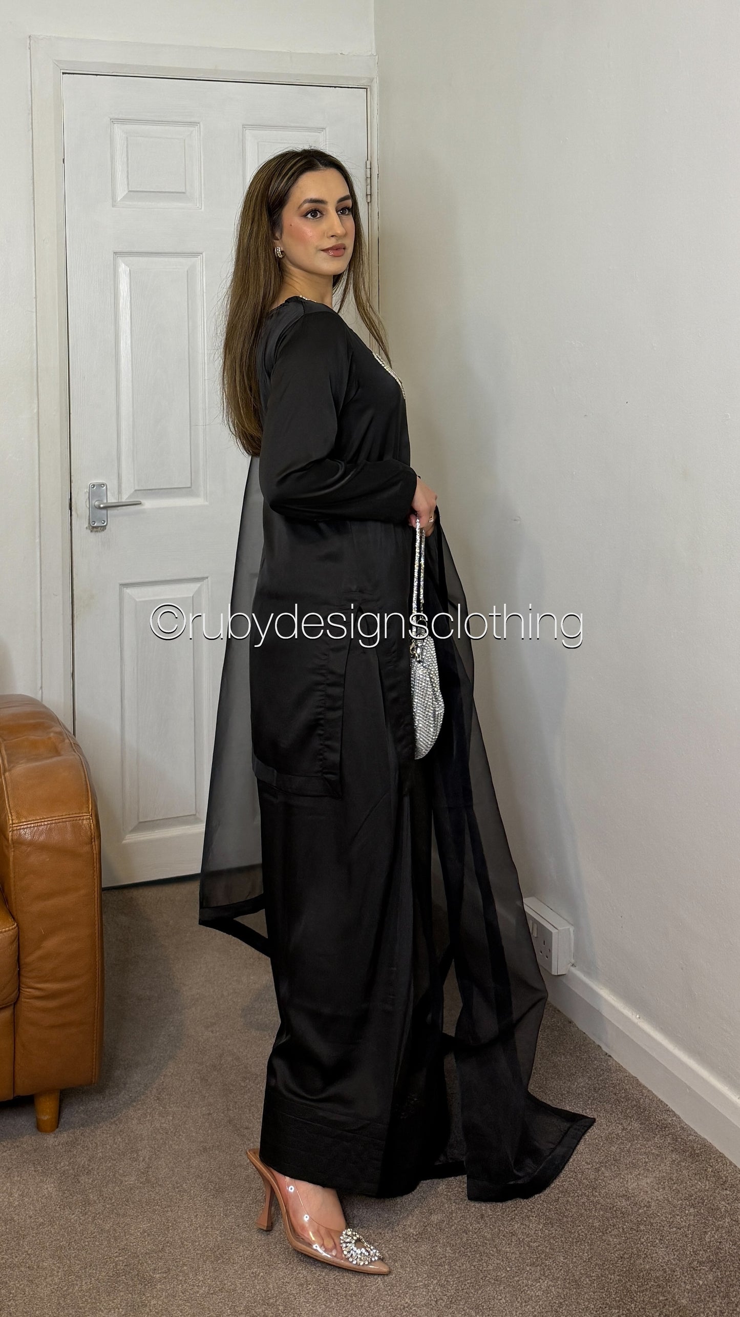 ZARA Noir - 3 Piece Silk Suit with Farshi Shalwar and Bow Detail