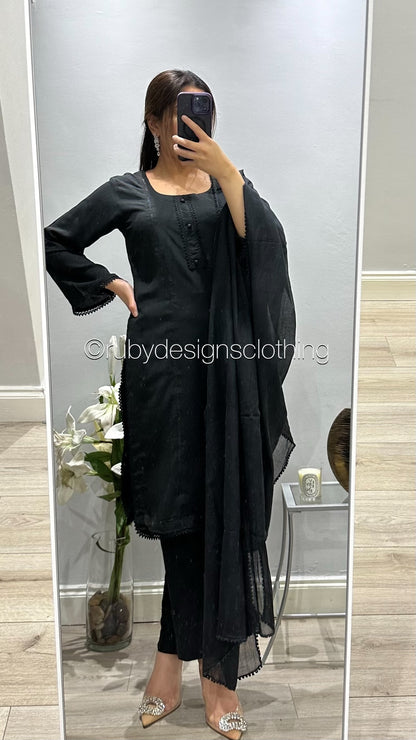 3 Piece Black Linen Suit with Round Neck and Buttons (8746822926549)