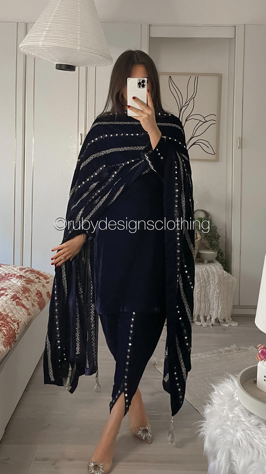 ELMIRA - 3 Piece Luxury Velvet Suit with Heavy Mirror Shawl