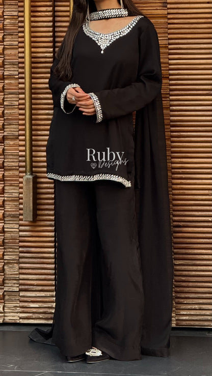 EISHA - 3 Piece Black Chiffon Suit with Premium Crystal Handwork