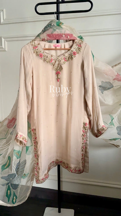 ZAIRA Dune - 3 Piece Chiffon Sharara Suit with Hand Painted Dupatta