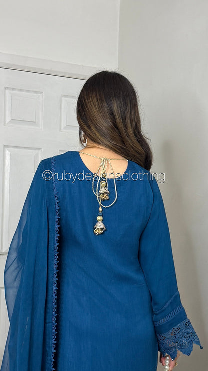 MINHA Teal - 3 Piece Chiffon Suit with Cutwork