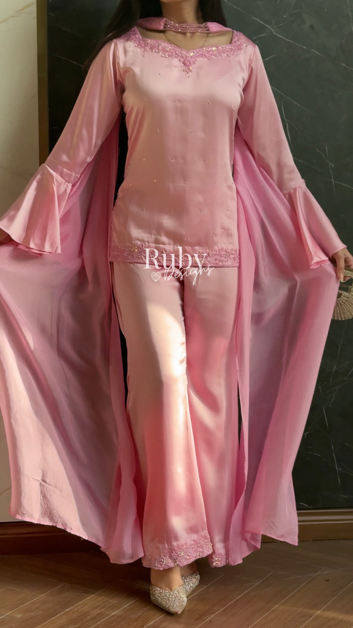 KAREENA Pink - 3 Piece Silk Suit with Crystal Choker Dupatta