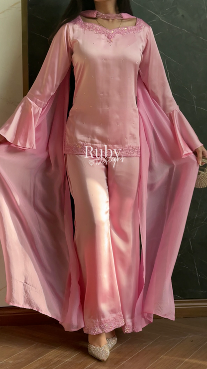 KAREENA Pink - 3 Piece Silk Suit with Crystal Choker Dupatta