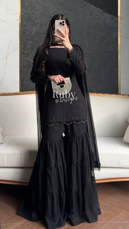 FARYAL Noir - 3 Piece Chiffon Suit with Tiered Sharara